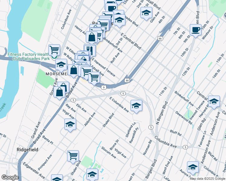 map of restaurants, bars, coffee shops, grocery stores, and more near 220 East Ruby Avenue in Palisades Park