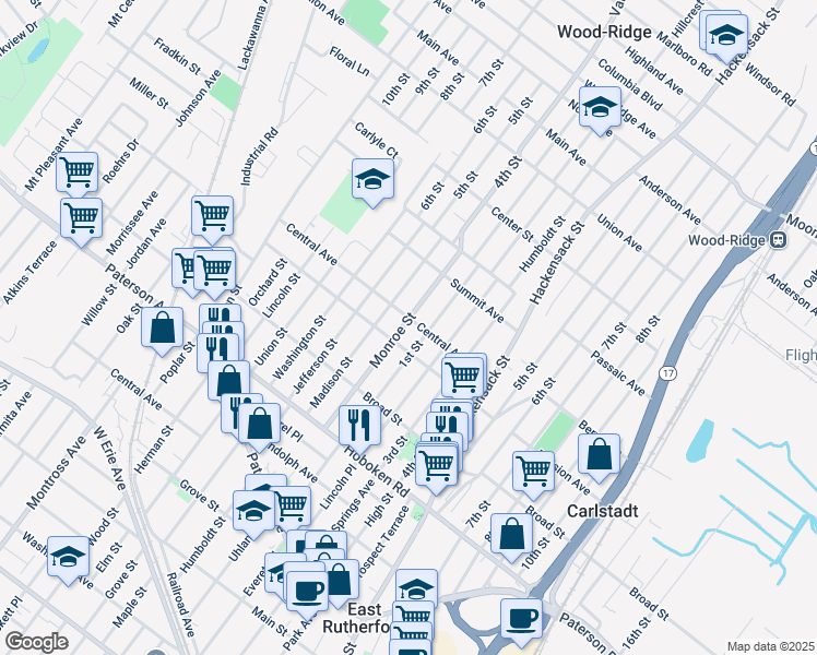 map of restaurants, bars, coffee shops, grocery stores, and more near 500 Division Avenue in Carlstadt