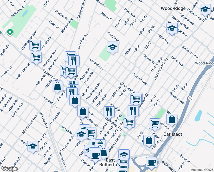 map of restaurants, bars, coffee shops, grocery stores, and more near 422 Madison Street in Carlstadt