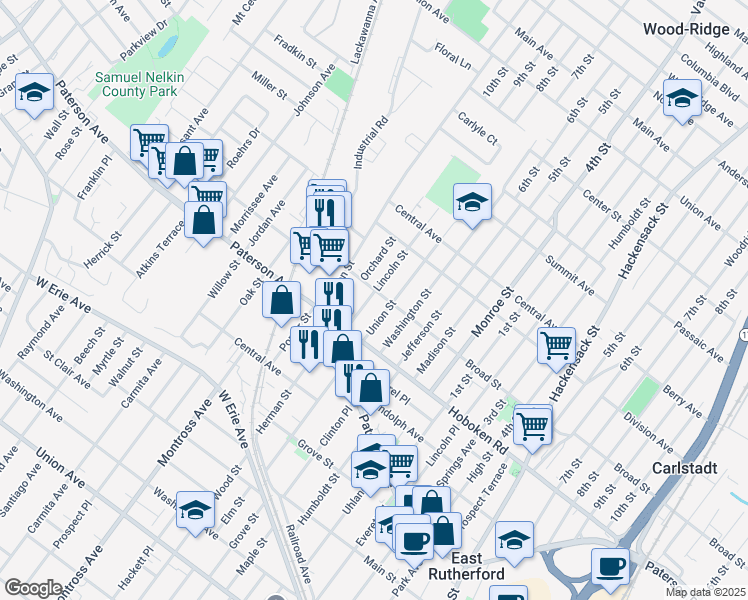 map of restaurants, bars, coffee shops, grocery stores, and more near 329 Union Street in Carlstadt