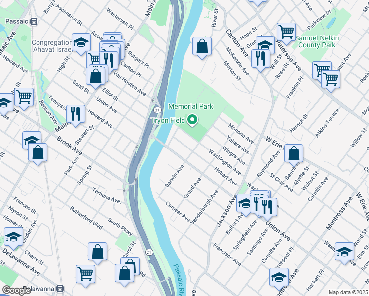 map of restaurants, bars, coffee shops, grocery stores, and more near 511 Union Avenue in Rutherford