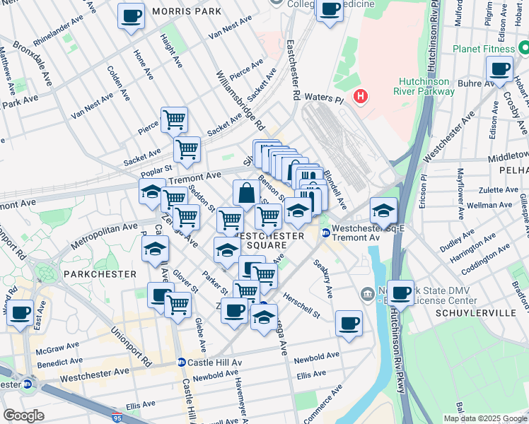 map of restaurants, bars, coffee shops, grocery stores, and more near 2527 Glebe Avenue in Bronx