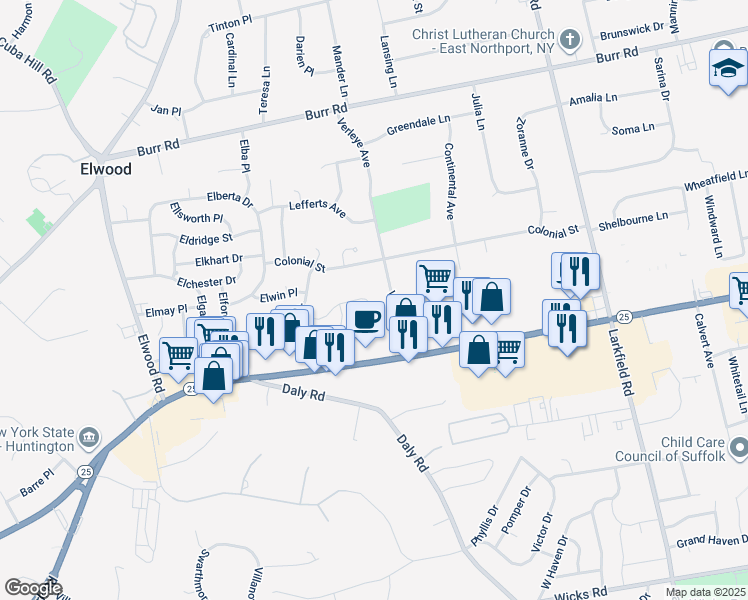 map of restaurants, bars, coffee shops, grocery stores, and more near 15 Verleye Avenue in East Northport
