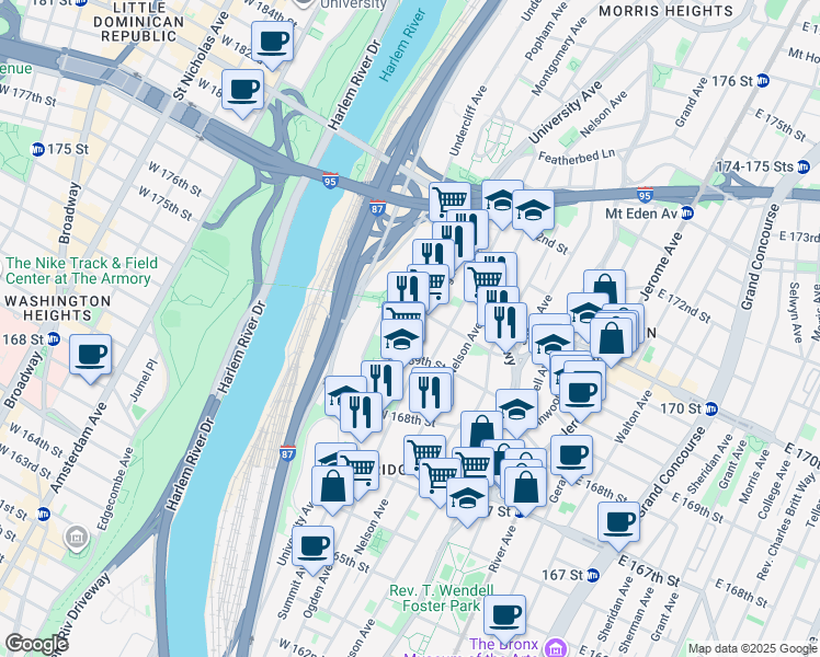 map of restaurants, bars, coffee shops, grocery stores, and more near 1304 Merriam Avenue in Bronx