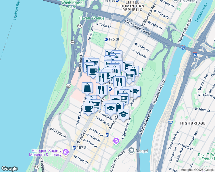 map of restaurants, bars, coffee shops, grocery stores, and more near Broadway & West 168th Street in New York
