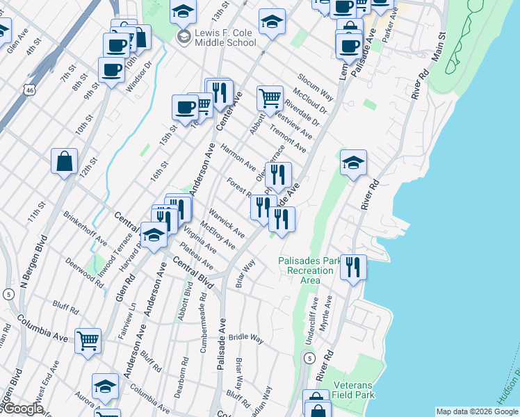 map of restaurants, bars, coffee shops, grocery stores, and more near 1311 New Jersey 67 in Fort Lee