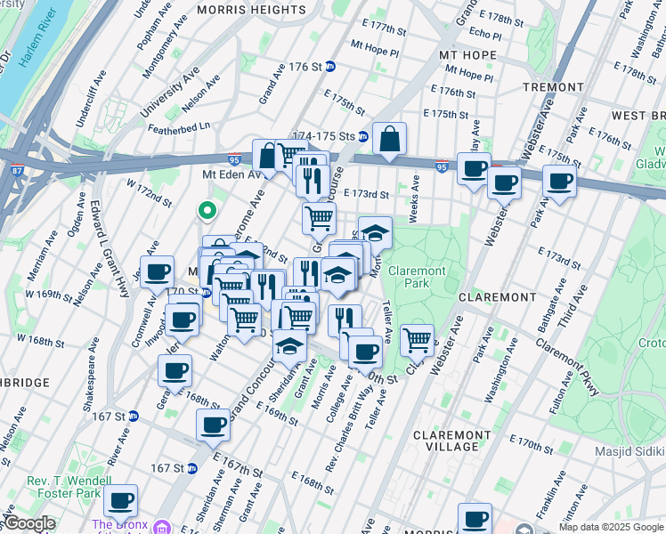 map of restaurants, bars, coffee shops, grocery stores, and more near 1511 Sheridan Avenue in Bronx