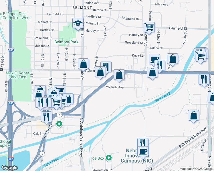 map of restaurants, bars, coffee shops, grocery stores, and more near 1601 Yolande Ave in Lincoln