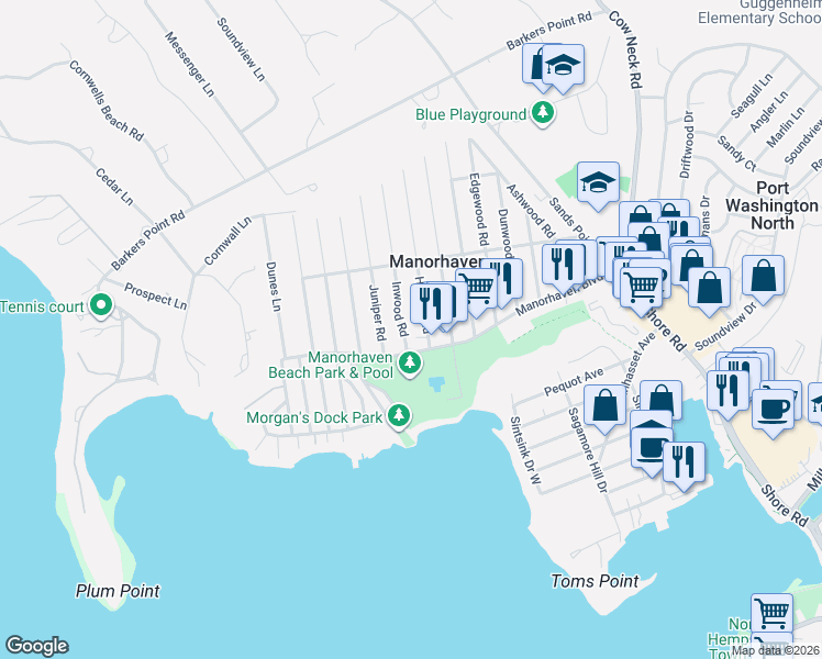 map of restaurants, bars, coffee shops, grocery stores, and more near 6 Inwood Road in Port Washington