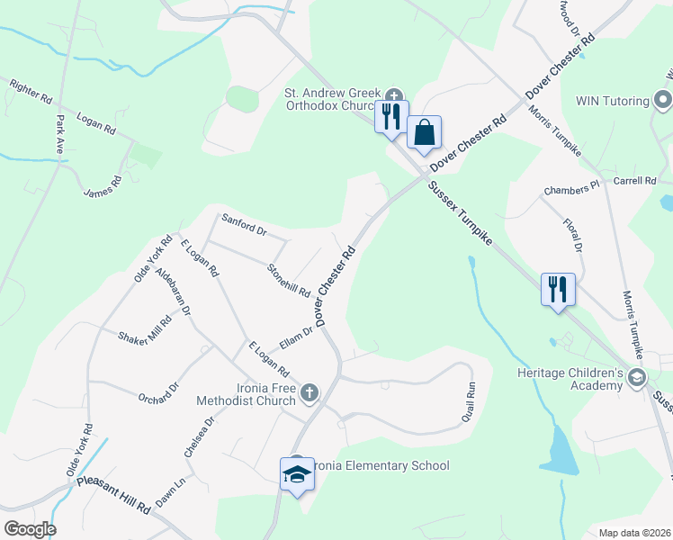 map of restaurants, bars, coffee shops, grocery stores, and more near 258 Dover Chester Road in Randolph