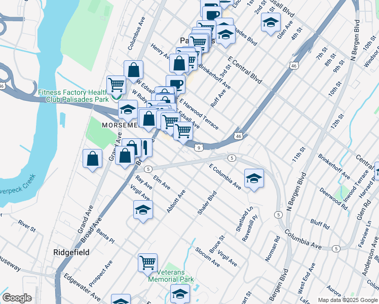 map of restaurants, bars, coffee shops, grocery stores, and more near 110 East Columbia Avenue in Palisades Park