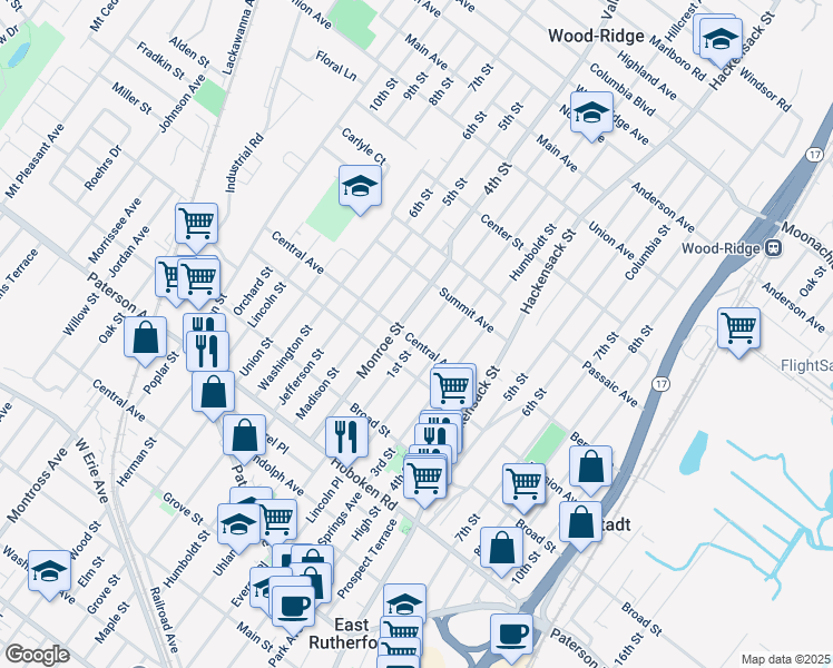 map of restaurants, bars, coffee shops, grocery stores, and more near 476 Central Avenue in Carlstadt