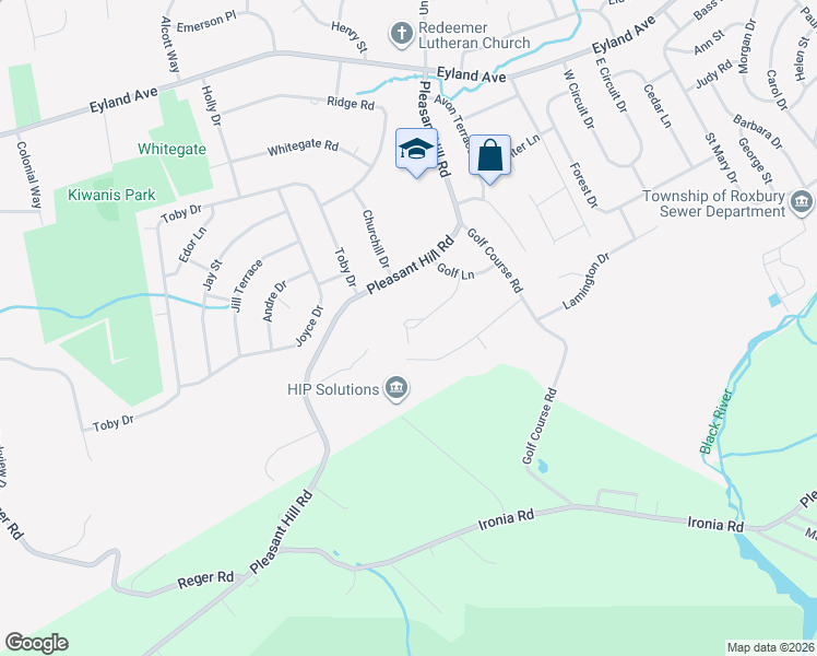 map of restaurants, bars, coffee shops, grocery stores, and more near 16 Parkwood Road in Roxbury Township