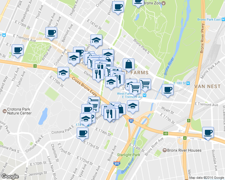 map of restaurants, bars, coffee shops, grocery stores, and more near 1100 Elsmere Place in Bronx