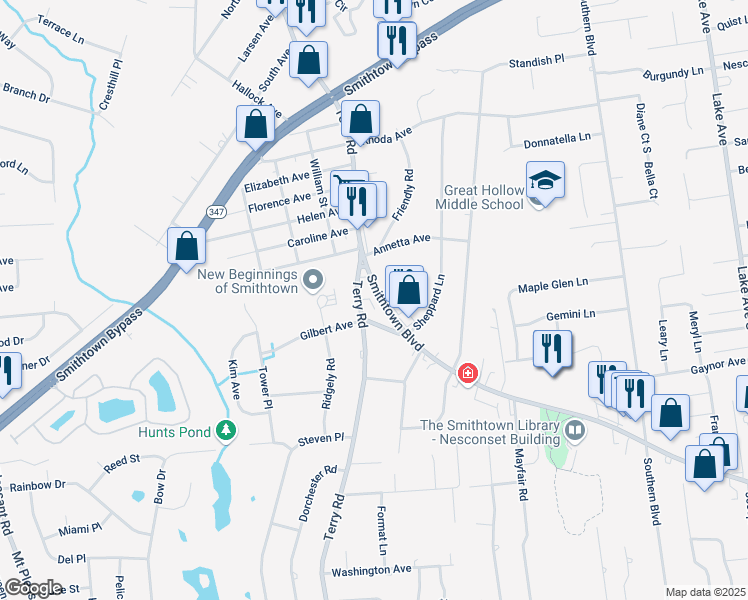 map of restaurants, bars, coffee shops, grocery stores, and more near 10 Smithtown Boulevard in Smithtown
