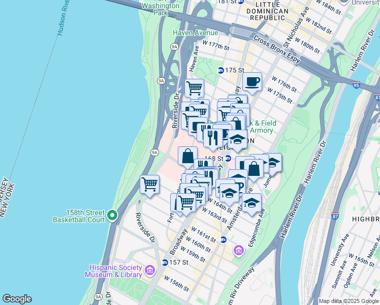 map of restaurants, bars, coffee shops, grocery stores, and more near 177 Fort Washington Avenue in New York