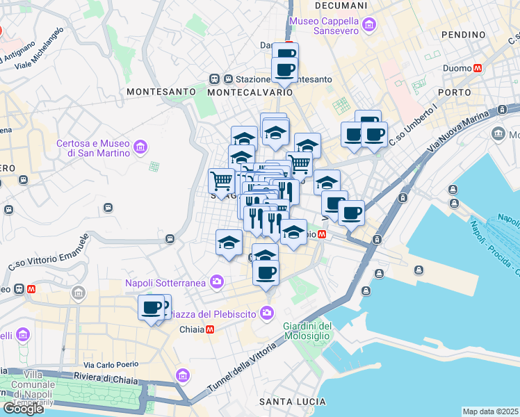 map of restaurants, bars, coffee shops, grocery stores, and more near 8 Via Emanuele de Deo in Naples
