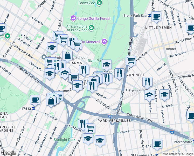 map of restaurants, bars, coffee shops, grocery stores, and more near 1110 East 179th Street in Bronx