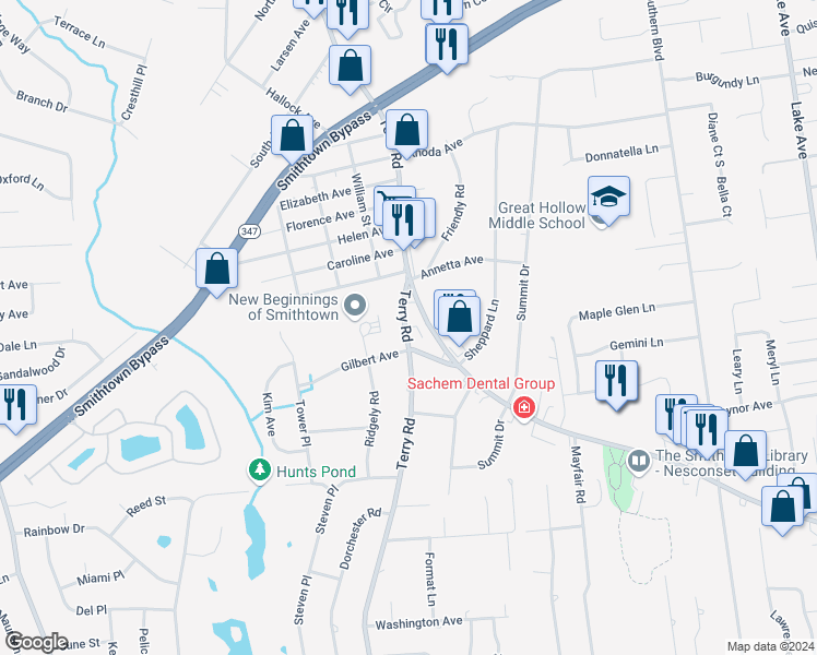 map of restaurants, bars, coffee shops, grocery stores, and more near 23 Gilbert Avenue in Smithtown
