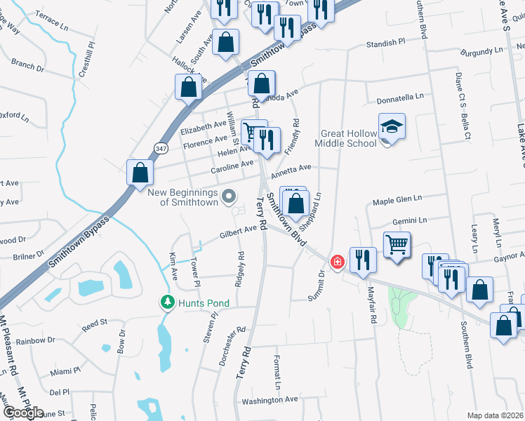 map of restaurants, bars, coffee shops, grocery stores, and more near 23 Gilbert Avenue in Smithtown