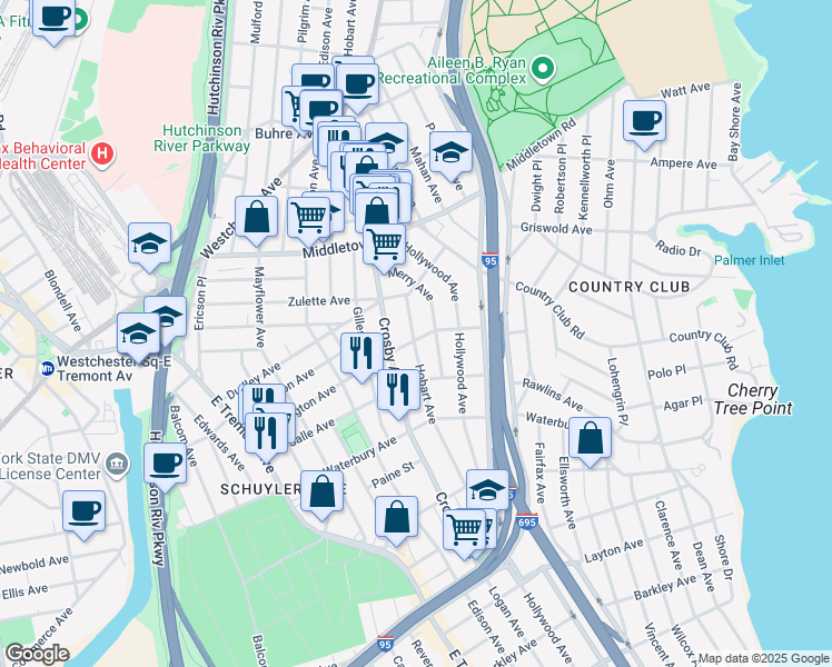 map of restaurants, bars, coffee shops, grocery stores, and more near 1370 Hobart Avenue in Bronx