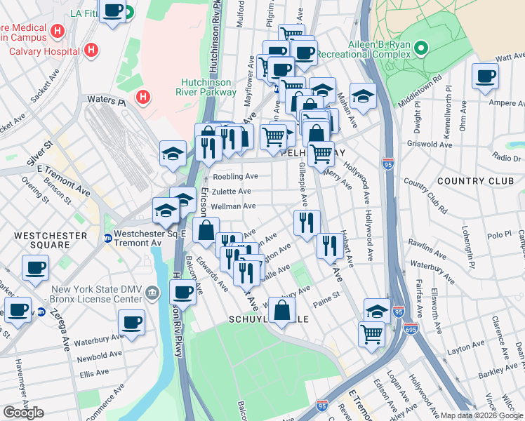 map of restaurants, bars, coffee shops, grocery stores, and more near 2886 Dudley Avenue in The Bronx