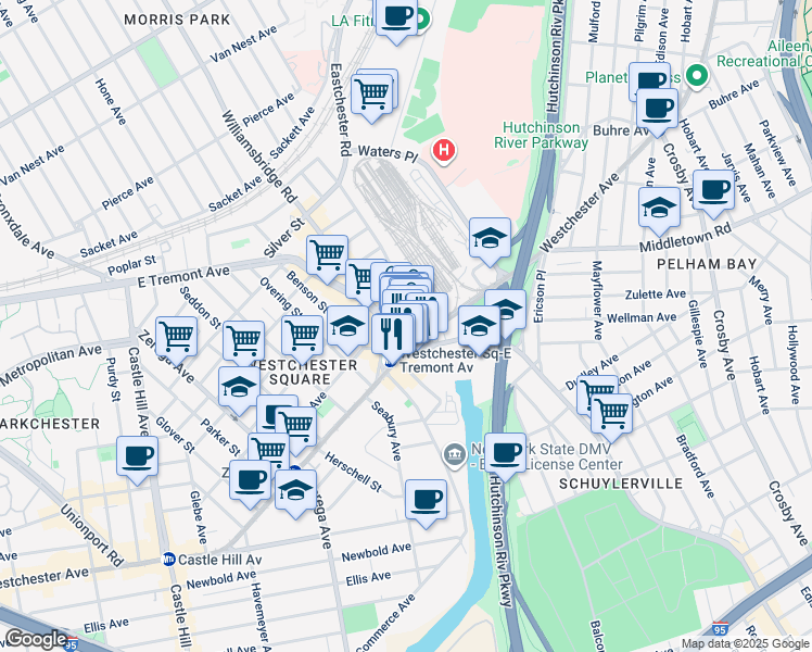 map of restaurants, bars, coffee shops, grocery stores, and more near in The Bronx