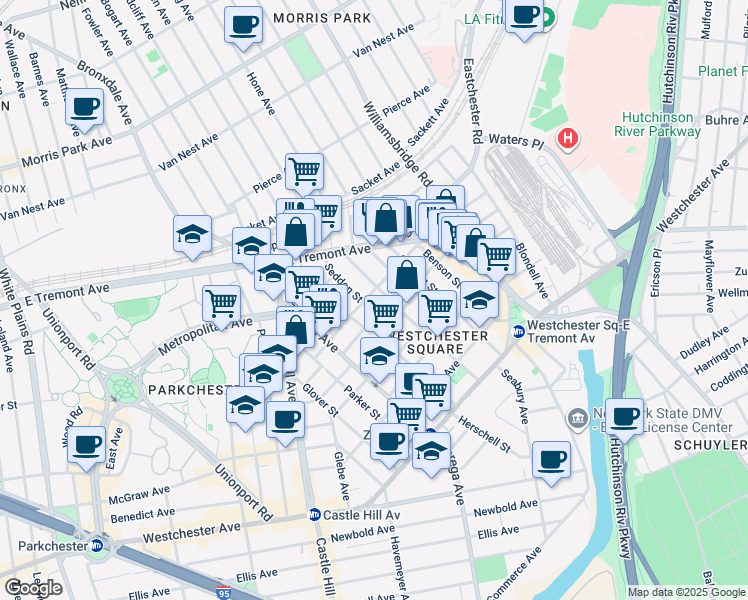 map of restaurants, bars, coffee shops, grocery stores, and more near 1654 Hubbell Street in Bronx