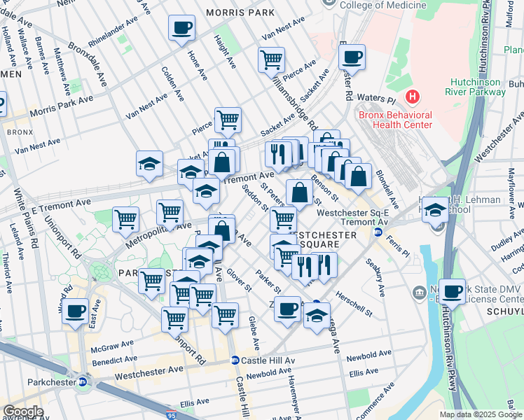 map of restaurants, bars, coffee shops, grocery stores, and more near 1654 Hubbell Street in Bronx