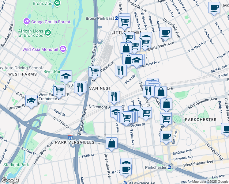 map of restaurants, bars, coffee shops, grocery stores, and more near 1608 Van Buren Street in Bronx