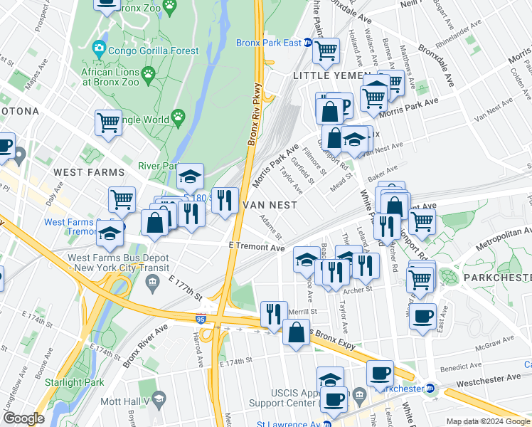map of restaurants, bars, coffee shops, grocery stores, and more near 500 Van Nest Avenue in Bronx