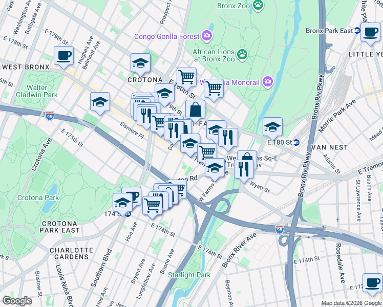 map of restaurants, bars, coffee shops, grocery stores, and more near 960 East Tremont Avenue in The Bronx