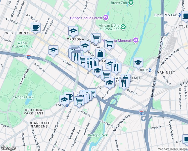 map of restaurants, bars, coffee shops, grocery stores, and more near 960 East Tremont Avenue in The Bronx