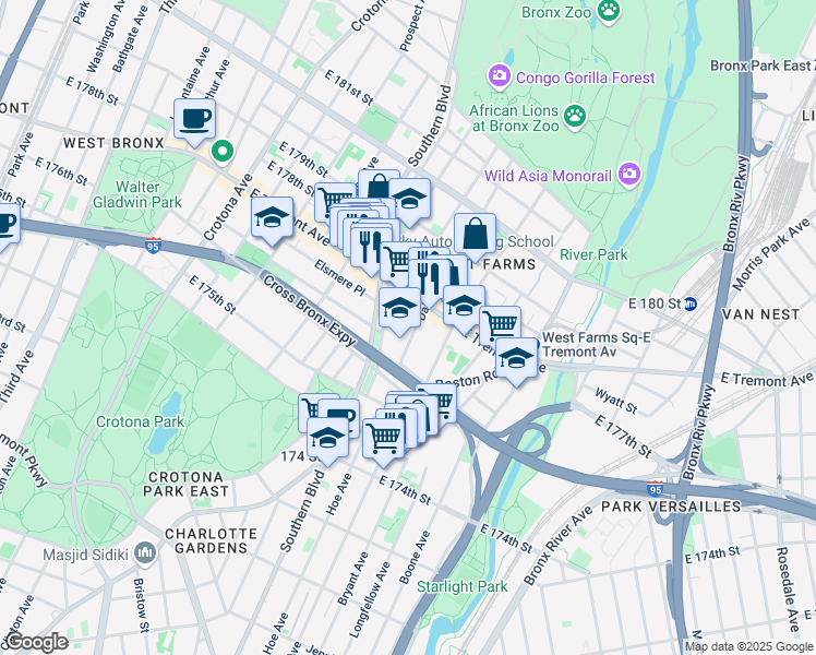 map of restaurants, bars, coffee shops, grocery stores, and more near 1920 Daly Avenue in Bronx