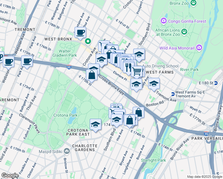 map of restaurants, bars, coffee shops, grocery stores, and more near in The Bronx