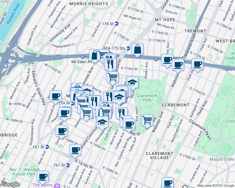 map of restaurants, bars, coffee shops, grocery stores, and more near in The Bronx
