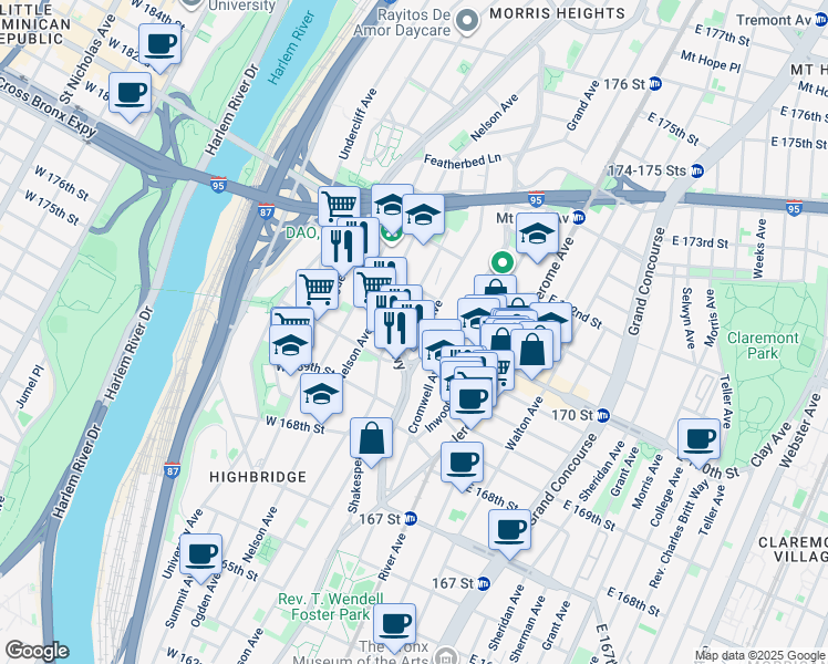 map of restaurants, bars, coffee shops, grocery stores, and more near 1348 Edward L Grant Highway in Bronx