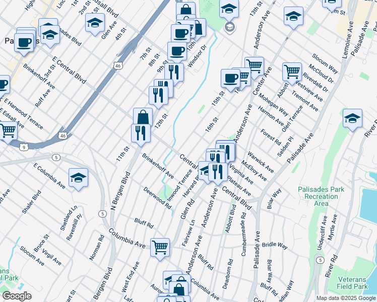 map of restaurants, bars, coffee shops, grocery stores, and more near 456 Central Boulevard in Fort Lee