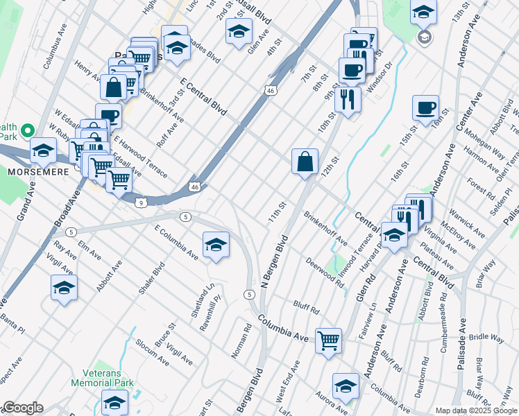 map of restaurants, bars, coffee shops, grocery stores, and more near 207A 11th Street in Palisades Park