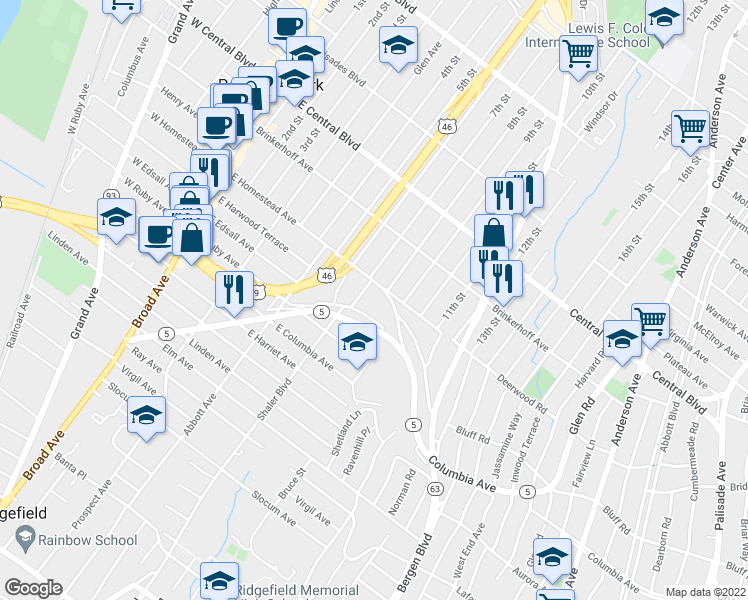 map of restaurants, bars, coffee shops, grocery stores, and more near 100 Grantwood Boulevard in Palisades Park