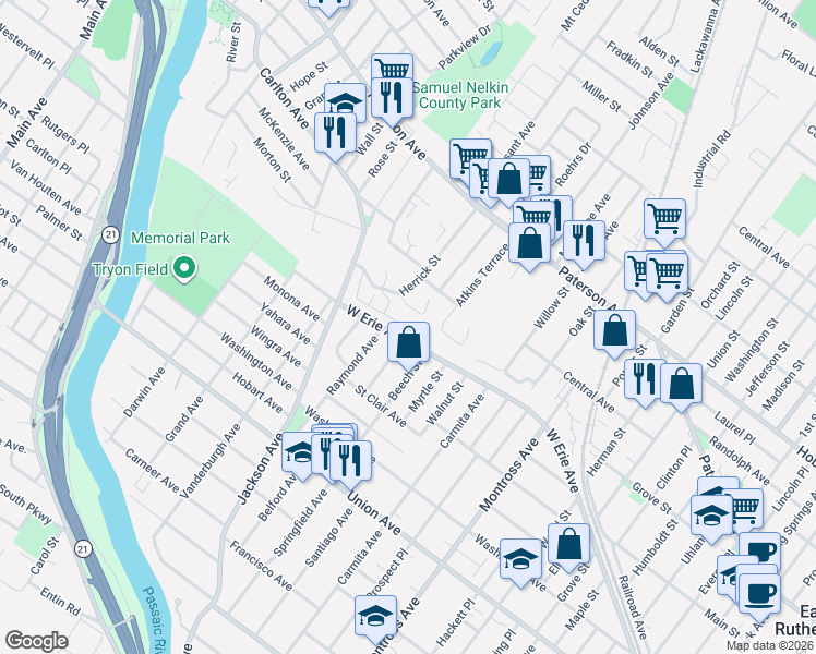 map of restaurants, bars, coffee shops, grocery stores, and more near 1 Beech Street in Rutherford