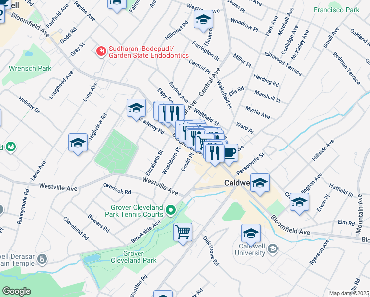 map of restaurants, bars, coffee shops, grocery stores, and more near 11 Gould Place in Caldwell