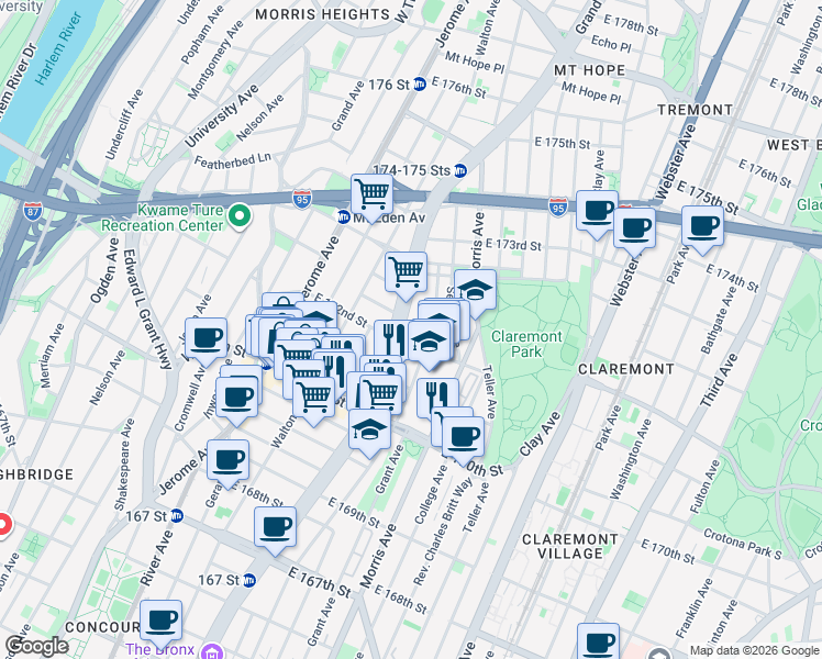 map of restaurants, bars, coffee shops, grocery stores, and more near 1500 Grand Concourse in Bronx