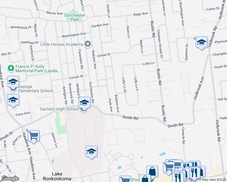map of restaurants, bars, coffee shops, grocery stores, and more near 33A Park Avenue in Lake Ronkonkoma