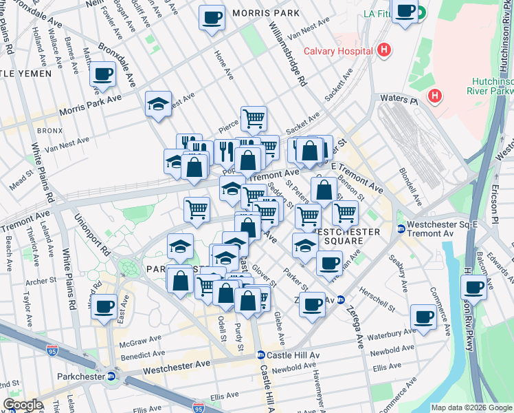 map of restaurants, bars, coffee shops, grocery stores, and more near 2419 Fuller Street in Bronx