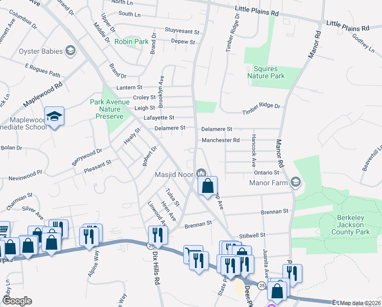 map of restaurants, bars, coffee shops, grocery stores, and more near 1226 Park Avenue in Huntington