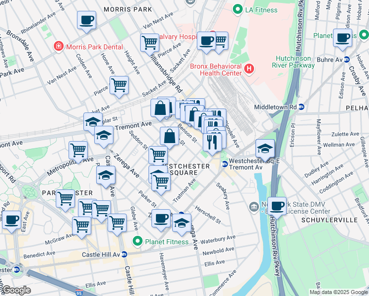 map of restaurants, bars, coffee shops, grocery stores, and more near 2527 Glebe Avenue in Bronx