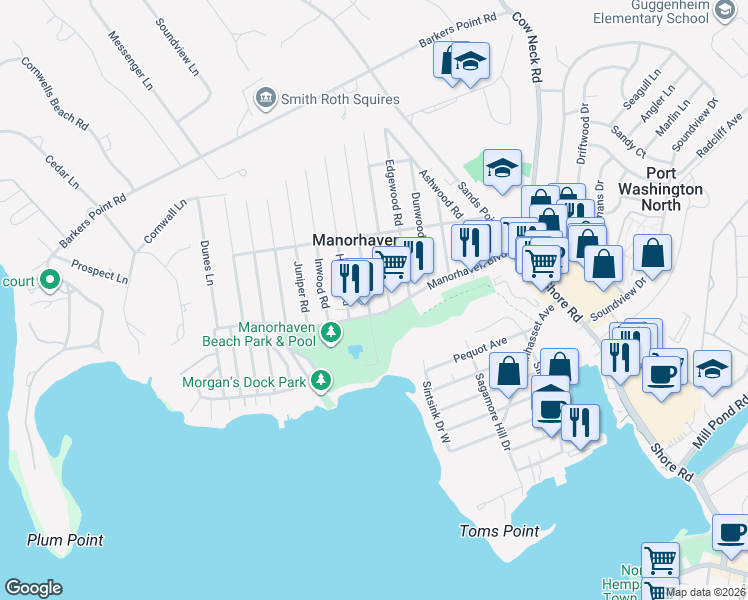 map of restaurants, bars, coffee shops, grocery stores, and more near 2 Graywood Road in Port Washington