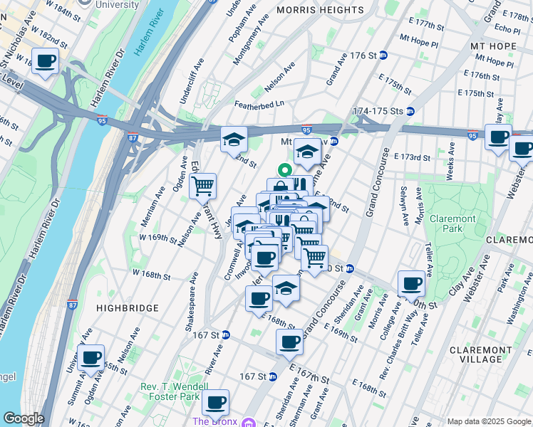 map of restaurants, bars, coffee shops, grocery stores, and more near in The Bronx