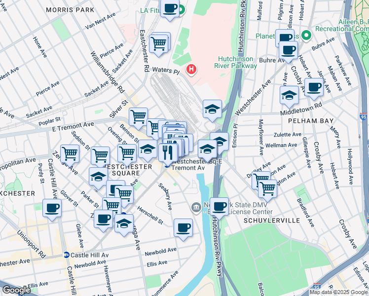 map of restaurants, bars, coffee shops, grocery stores, and more near in The Bronx